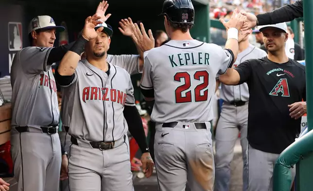 Arizona Diamondbacks' Max Kepler celebrates with his teammates after scoring a run during the second inning of a baseball game against the Washington Nationals, Friday, July 24, 2026, in Washington. (AP Photo/Daniel Kucin Jr.)