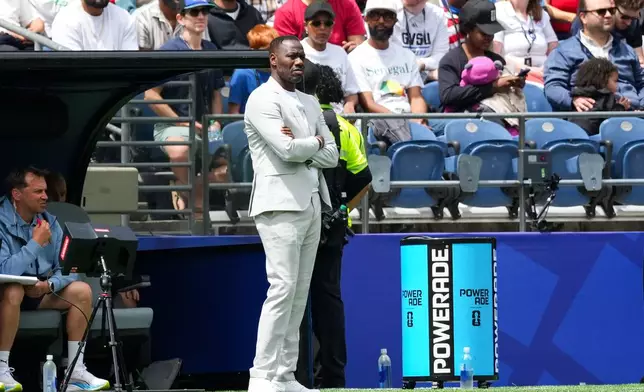 Senegal head coach Pape Thiaw looks on during the World Cup round of 32 soccer match between Belgium and Senegal in Seattle, Wednesday, July 1, 2026. (AP Photo/Ted S. Warren)