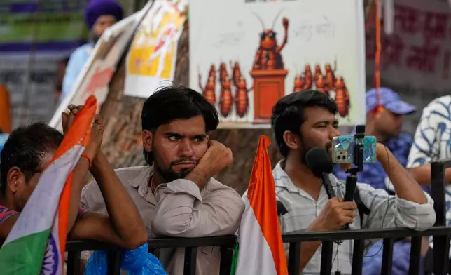 Supporters listen to a speaker during a protest by the Cockroach Janta Party demanding the resignation of Education Minister Dharmendra Pradhan over alleged examination irregularities and repeated paper leaks, in New Delhi, India, on July 10, 2026. (AP Photo/Manish Swarup)