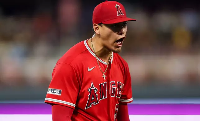 Los Angeles Angels pitcher Samy Natera Jr. celebrates during the seventh inning of a baseball game against the Minnesota Twins, Friday, July 10, 2026, in Minneapolis. (AP Photo/Matt Krohn)