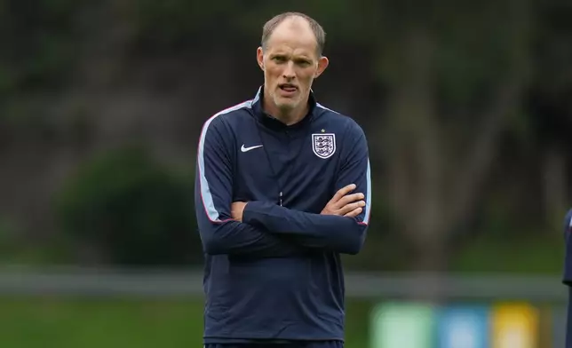 England head coach Thomas Tuchel during a training session ahead of his team's World Cup round of 16 soccer match against Mexico, in Mexico City, Saturday, July 4, 2026. (AP Photo/Eduardo Verdugo)