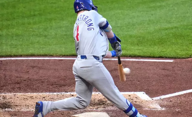 Chicago Cubs' Pete Crow-Armstrong hits a single off Pittsburgh Pirates pitcher Paul Skenes, driving in a run, during the fifth inning of a baseball game in Pittsburgh, Saturday, July 25, 2026. (AP Photo/Gene J. Puskar)