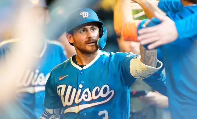 Milwaukee Brewers' Joey Ortiz high-fives teammates after hitting a home run during the fifth inning of a baseball game against the Miami Marlins, Friday, July 17, 2026, in Milwaukee. (AP Photo/Kayla Wolf)