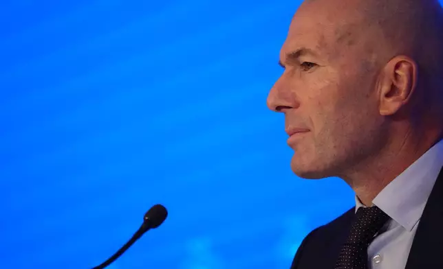 Zinedine Zidane, newly appointed coach of the France national soccer team, attends a media conference at the headquarters of French Football Federation headquarters in Paris, Tuesday, July 28, 2026. (AP Photo/Aurelien Morissard)
