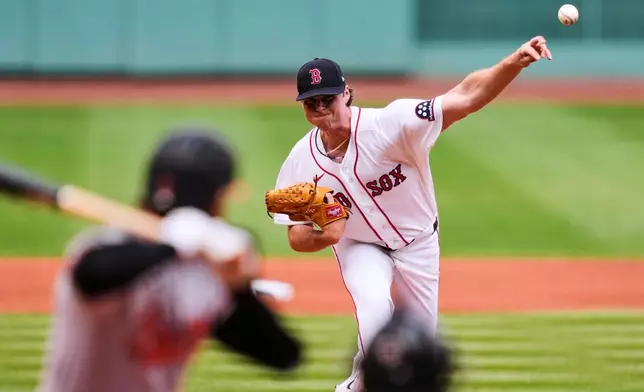 Boston Red Sox starting pitcher Jake Bennett delivers in the first inning during the first baseball game of a doubleheader against the Baltimore Orioles, Wednesday, July 22, 2026, in Boston. (AP Photo/Charles Krupa)