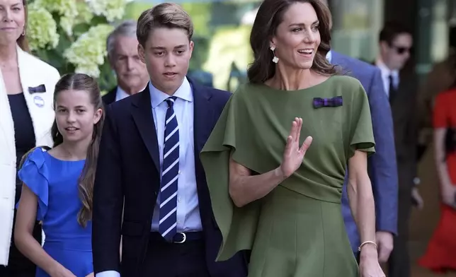 Britain's Kate, Princess of Wales, Prince George and Princess Charlotte arrive on day fourteen of the 2026 Wimbledon Championships at the All England Lawn Tennis and Croquet Club, London, England, Sunday, July 12, 2026. (Andrew Matthews/PA via AP, Pool)