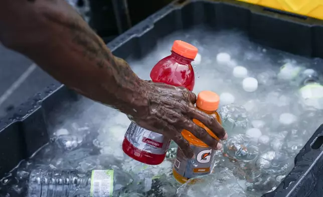 FILE - A vendor sells Gatorade and water bottles near the Washington Monument during a heat wave July 3, 2026, in Washington. (AP Photo/Julia Demaree Nikhinson, File)