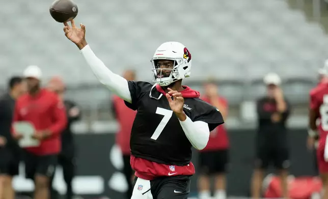 Arizona Cardinals quarterback Jacoby Brissett throws during NFL football training camp practice, Thursday, July 23, 2026, in Glendale, Ariz. (AP Photo/Ross D. Franklin)