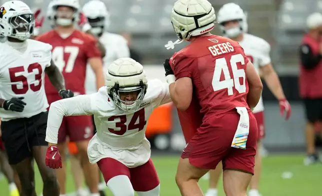 Arizona Cardinals safety Isaiah Oliver (34) and Cardinals tight end Jameson Geers (46) work on special teams drills during NFL football training camp practice, Thursday, July 23, 2026, in Glendale, Ariz. (AP Photo/Ross D. Franklin)