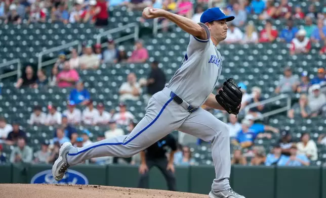 Kansas City Royals starting pitcher Seth Lugo delivers during the first inning of a baseball game against the Minnesota Twins, Tuesday, July 28, 2026, in Minneapolis. (AP Photo/Joseph Scheller)