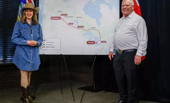 Alberta Premier Danielle Smith, left, and Ontario Premier Doug Ford pose with a map of the Northern Shield pipeline proposal in Calgary, Canada, Monday, July 6, 2026. (Jeff McIntosh/The Canadian Press via AP)