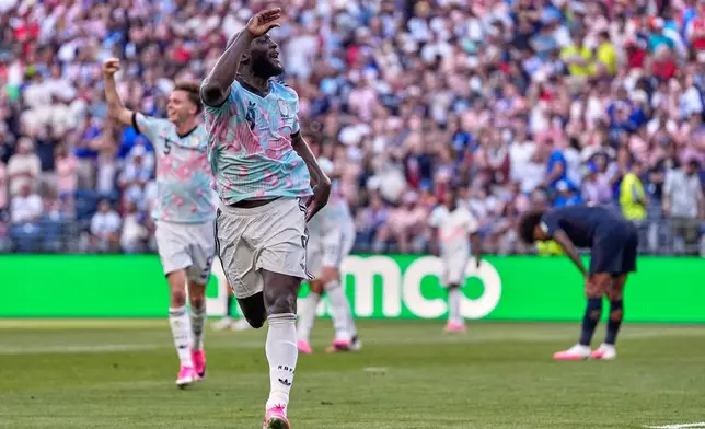 Belgium's Romelu Lukaku (9) celebrates after scoring his team's fourth goal during the World Cup round of 16 soccer match between the United States and Belgium in Seattle, Monday, July 6, 2026. (AP Photo/Lindsey Wasson)