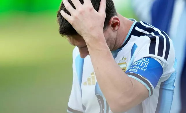 Argentina's Lionel Messi reacts at the end of the World Cup final soccer match between Spain and Argentina in East Rutherford, N.J., near New York, Sunday, July 19, 2026. (AP Photo/Ashley Landis)