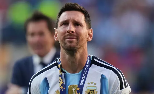 Argentina's Lionel Messi (10) cries at the end of the World Cup final soccer match between Spain and Argentina in East Rutherford, N.J., near New York, Sunday, July 19, 2026. (AP Photo/Stephanie Scarbrough)
