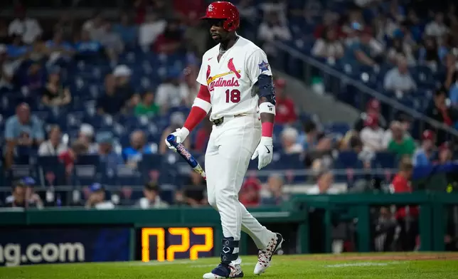 St. Louis Cardinals' Jordan Walker reacts after striking out against Boston Red Sox's Aroldis Chapman in the ninth inning during the MLB baseball All-Star Game between the American League and National League, Tuesday, July 14, 2026, in Philadelphia. (AP Photo/Matt Slocum)