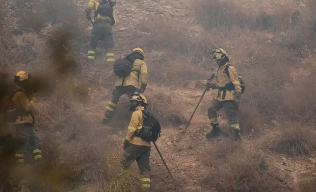 Firefighters work on a wildfire in Los Gallardos, near Almeria, Spain, Friday, July 10, 2026. (AP Photo/Gregorio Marrero)