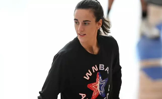 WNBA All Star Caitlin Clark looks on during practice at the Obama Presidential Center in Chicago, Friday, July 24, 2026. (AP Photo/Paul Beaty)