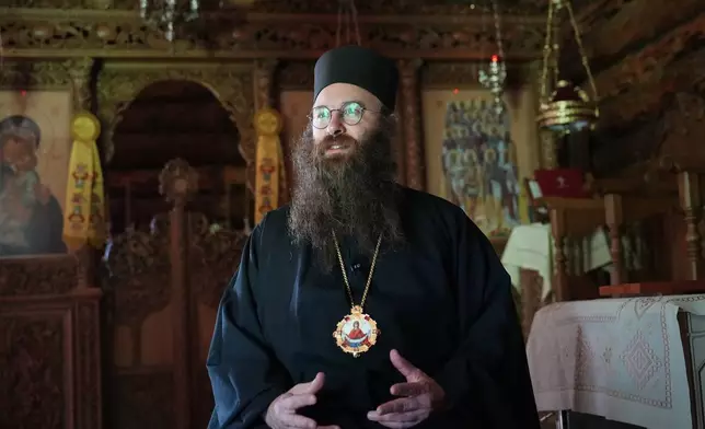 Estonia Monastery Bishop Damaskinos speaks during an interview with the Associated Press in the chapel of the newly founded Kirikla Orthodox Monastery in Pihali village, Estonia, on July 4, 2026. (AP Photo/Sergei Grits)