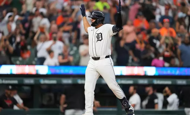 Detroit Tigers' Eduardo Valencia reacts to hitting a home run against the Athletics during the seventh inning of a baseball game Thursday, July 9, 2026, in Detroit. (AP Photo/Paul Sancya)