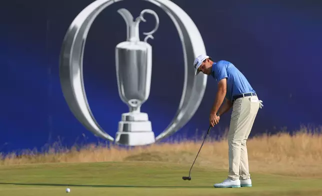 Jackson Suber of the United States putts win the 18th green during the first day of the British Open Golf championships at Royal Birkdale golf club, in Southport, England, Thursday, July 16, 2026. (AP Photo/Peter Morrison)
