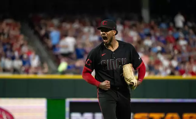 Cincinnati Reds pitcher Hunter Greene reacts after a strikeout in the seventh inning of a baseball game against the Chicago Cubs Friday, July 10, 2026 in Cincinnati. (AP Photo/Michael Swensen)