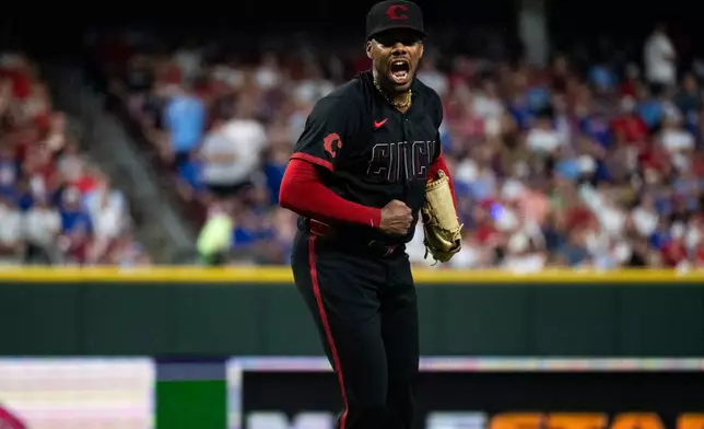 Cincinnati Reds pitcher Hunter Greene reacts after a strikeout in the seventh inning of a baseball game against the Chicago Cubs Friday, July 10, 2026 in Cincinnati. (AP Photo/Michael Swensen)
