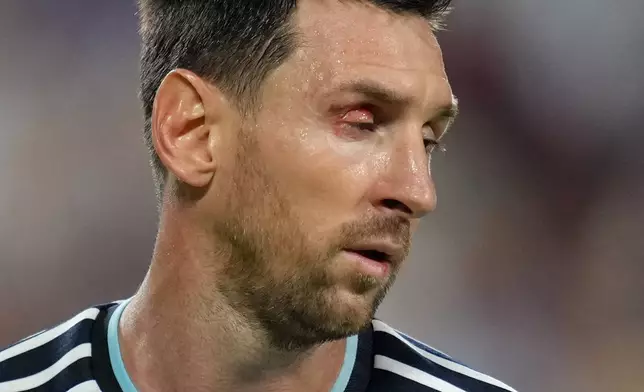 Argentina's Lionel Messi (10) looks on during the World Cup quarterfinal soccer match between Argentina and Switzerland in Kansas City, Mo., Saturday, July 11, 2026. (AP Photo/Ed Zurga)