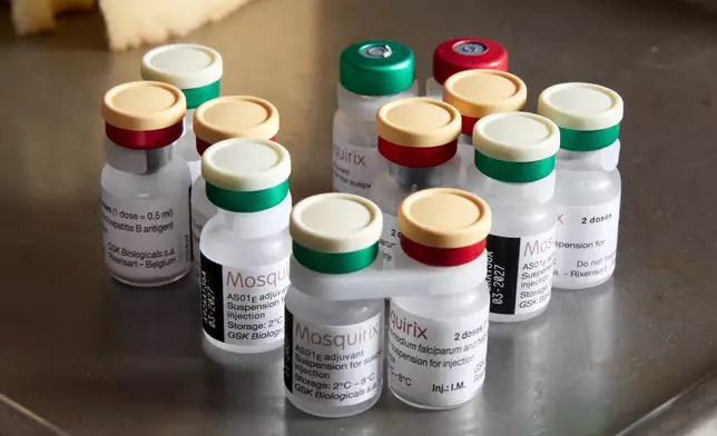 The malaria vaccines are display on a table at the Soa District Hospital in Yaounde, Cameroon, Wednesday, April 29, 2026. (AP Photo/Angel Ngwe)