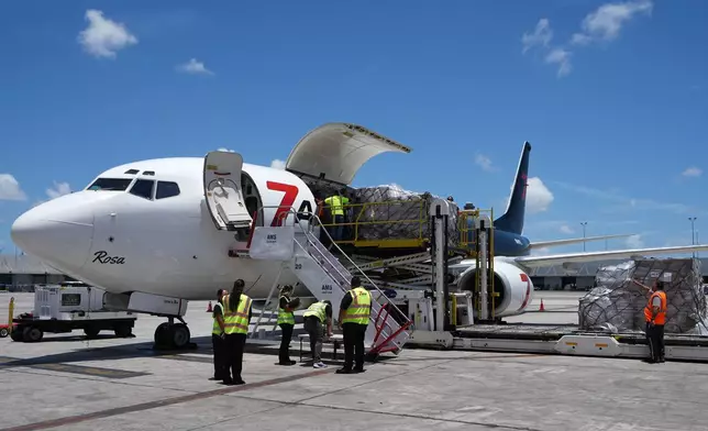 People load pallets containing food and hygiene kits for a humanitarian assistance flight to Cuba organized by the Trump administration as the U.S. continues to put pressure on the island's government, Tuesday, July 21, 2026, in Miami. (AP Photo/Lynne Sladky)