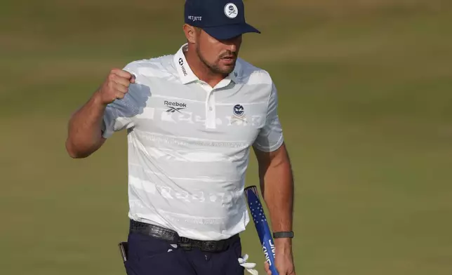 Bryson DeChambeau of the United States reacts on the 17th green during the third day of the British Open Golf championships at Royal Birkdale golf club, in Southport, England, Saturday, July 18, 2026. (AP Photo/Peter Morrison)