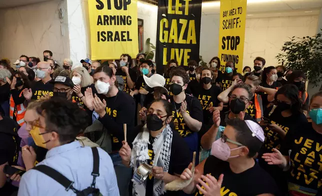 FILE - Jewish Bay Area residents stage a sit-in protest in the lobby of Senator Alex Padilla's office in San Francisco calling for a stop to the Israel-Hamas war, August 27, 2025. (Scott Strazzante/San Francisco Chronicle via AP, File)