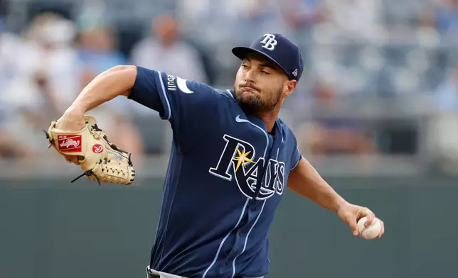 Tampa Bay Rays pitcher Shane McClanahan delivers to a Kansas City Royals batter during the first inning of a baseball game in Kansas City, Mo., Wednesday, July 1, 2026. (AP Photo/Colin E. Braley)