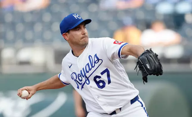 Kansas City Royals pitcher Seth Lugo delivers to a Tampa Bay Rays batter during the first inning of a baseball game in Kansas City, Mo., Wednesday, July 1, 2026. (AP Photo/Colin E. Braley)