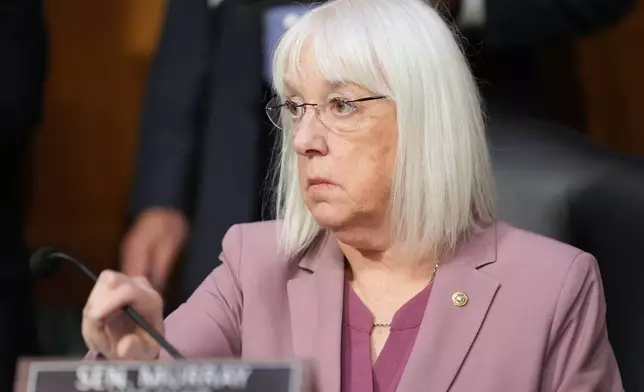 Sen. Patty Murray, D-Wash., arrives before Defense Secretary Pete Hegseth and Chairman of the Joint Chiefs of Staff Gen. Dan Caine attend a hearing of the Senate Appropriations Committee, Tuesday, July 21, 2026, on Capitol Hill in Washington. (AP Photo/Jacquelyn Martin)