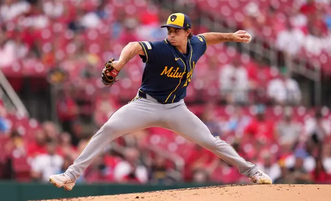 Milwaukee Brewers starting pitcher Robert Gasser throws during the first inning in the second game of a baseball doubleheader against the St. Louis Cardinals Tuesday, July 7, 2026, in St. Louis. (AP Photo/Jeff Roberson)