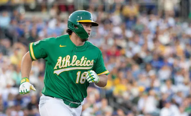 Athletics' Nick Kurtz hit a single during the fifth inning of a baseball game against the Los Angeles Dodgers Wednesday, July 1, 2026, in West Sacramento, Calif. (AP Photo/Sara Nevis)