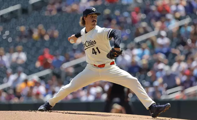 Minnesota Twins starting pitcher Joe Ryan delivers during the first inning of a baseball game against the Los Angeles Angels, Saturday, July 11, 2026, in Minneapolis. (AP Photo/Bailey Hillesheim)