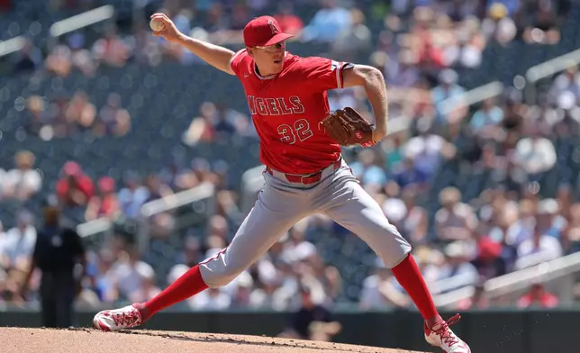 Los Angeles Angels starting pitcher Ryan Johnson delivers during the first inning of a baseball game against the Minnesota Twins, Saturday, July 11, 2026, in Minneapolis. (AP Photo/Bailey Hillesheim)