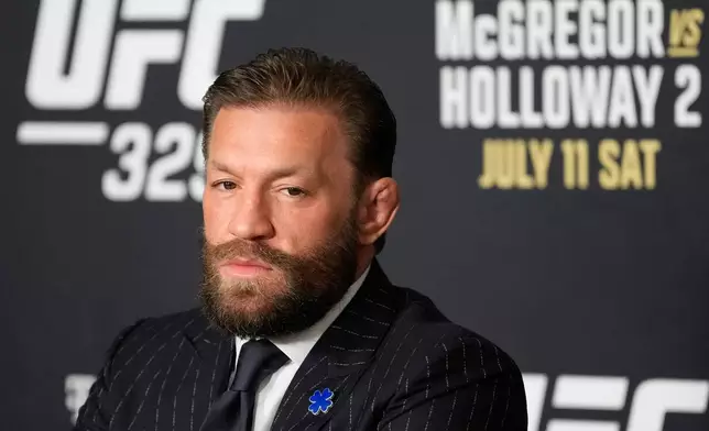 Conor McGregor speaks during a news conference for the UFC 329 mixed martial arts event Wednesday, July 8, 2026, in Las Vegas. (AP Photo/John Locher)