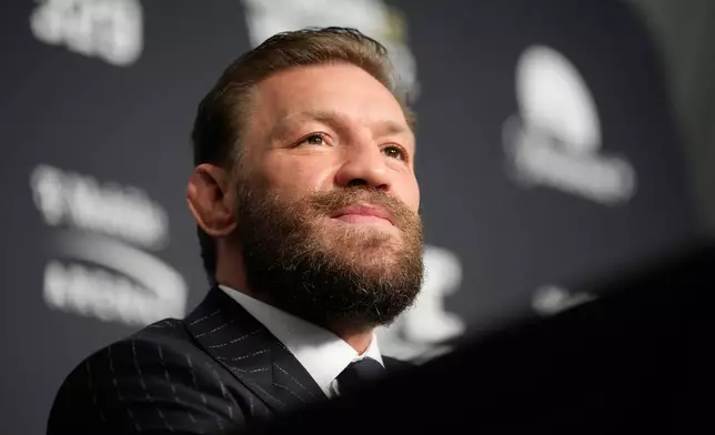 Conor McGregor speaks during a news conference for the UFC 329 mixed martial arts event Wednesday, July 8, 2026, in Las Vegas. (AP Photo/John Locher)