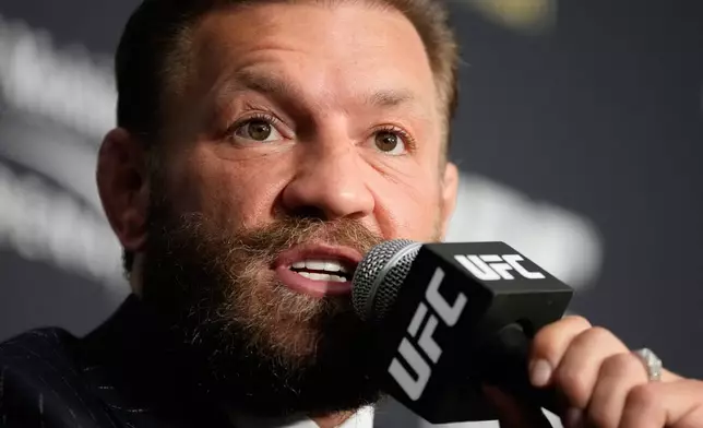 Conor McGregor speaks during a news conference for the UFC 329 mixed martial arts event Wednesday, July 8, 2026, in Las Vegas. (AP Photo/John Locher)