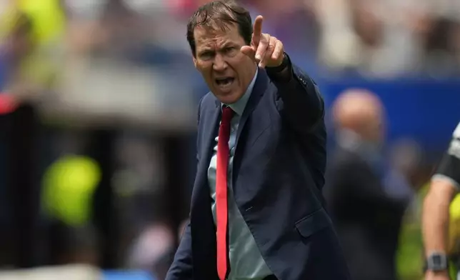 Belgium head coach Rudi Garcia reacts during the World Cup quarterfinal soccer match between Spain and Belgium in Inglewood, Calif., near Los Angeles, Friday, July 10, 2026. (AP Photo/Andre Penner)