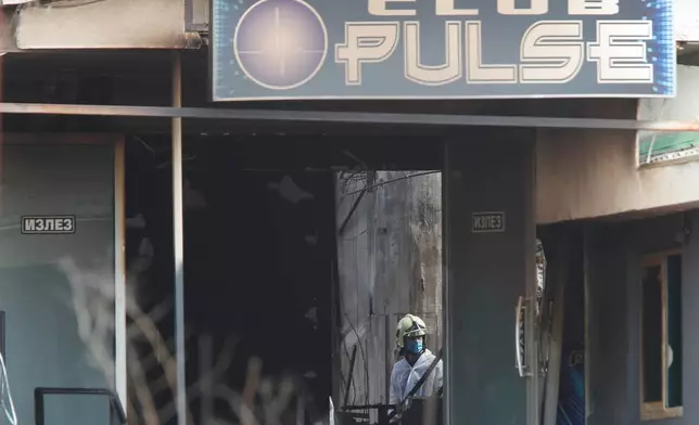 FILE - A firefighter inspects a nightclub after a massive fire in the town of Kocani, North Macedonia, on March 16, 2025. (AP Photo/Boris Grdanoski, File)