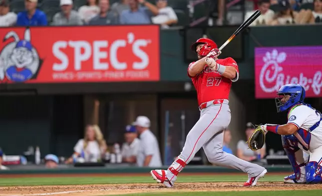 Los Angeles Angels designated hitter Mike Trout watches his two-run home run against the Texas Rangers during the eighth inning of a baseball game, Wednesday, July 8, 2026, in Arlington, Texas. (AP Photo/Julio Cortez)