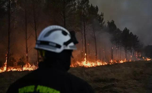 FILE - A firefighter walks in front of burning trees as a wildfire rages near Marcheprime, outside, Bordeaux, France, July 26, 2026. (AP Photo/Emma Da Silva, File)