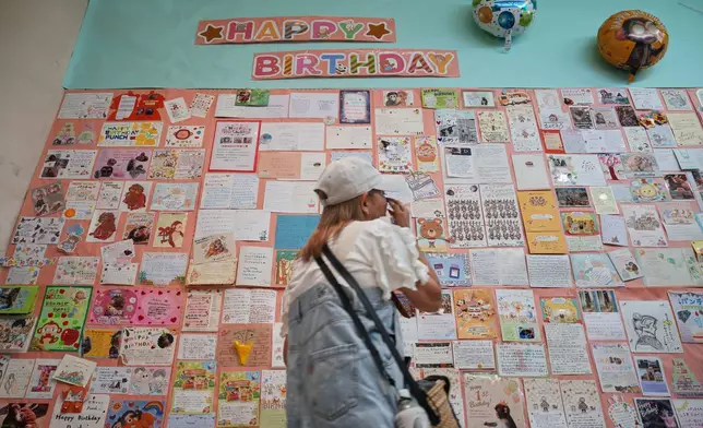 A visitor looks at birthday cards for Punch, a young Japanese macaque, displayed ahead of his first birthday at the Ichikawa City Zoological and Botanical Garden in Ichikawa, east of Tokyo, Thursday, July 23, 2026. (AP Photo/Eugene Hoshiko)