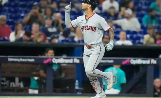 Cleveland Guardians' Brayan Rocchio runs the bases after hitting a solo home run during the fifth inning of a baseball game against the Miami Marlins, Sunday, July 12, 2026, in Miami. (AP Photo/Lynne Sladky)