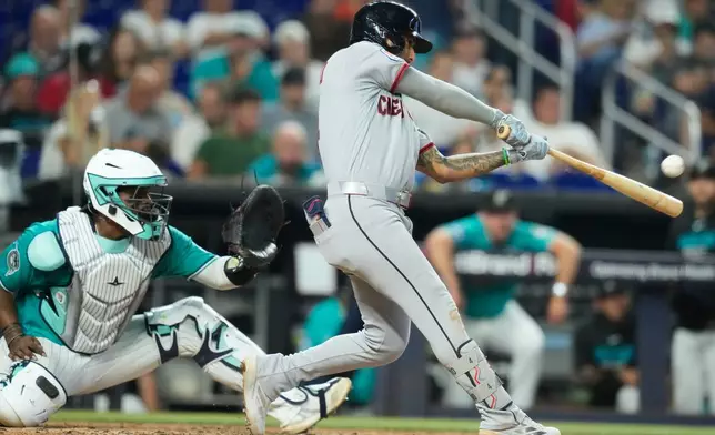 Cleveland Guardians' Brayan Rocchio hits a solo home run during the fifth inning of a baseball game against the Miami Marlins, Sunday, July 12, 2026, in Miami. (AP Photo/Lynne Sladky)