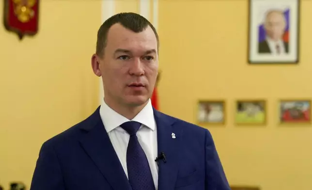 In this image made from video provided by Russian Ministery of Sports Press Service on Tuesday, July 7, 2026, Russian Sports Minister and Russian Olympic Committee President Mikhail Degtyarev speaks during recording a statement in Moscow. (Russian Ministery of Sports Press Service via AP)