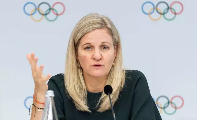 International Olympic Committee (IOC) President Kirsty Coventry speaks during a press conference at the end of the first day of the 146th Session of the IOC at the SwissTech Convention Centre, in Lausanne, Switzerland, Wednesday, June 24, 2026. (Cyril Zingaro/Keystone via AP)